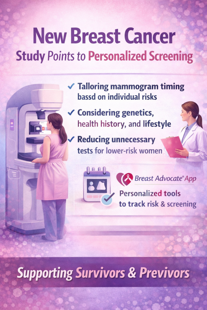 Illustrated graphic showing a woman receiving a mammogram alongside a clinician, with text highlighting new breast cancer research on personalized screening based on individual risk factors. The image emphasizes tailored screening, reduced unnecessary testing, and support for survivors and previvors, featuring the Breast Advocate App as a tool to track risk and screenings.